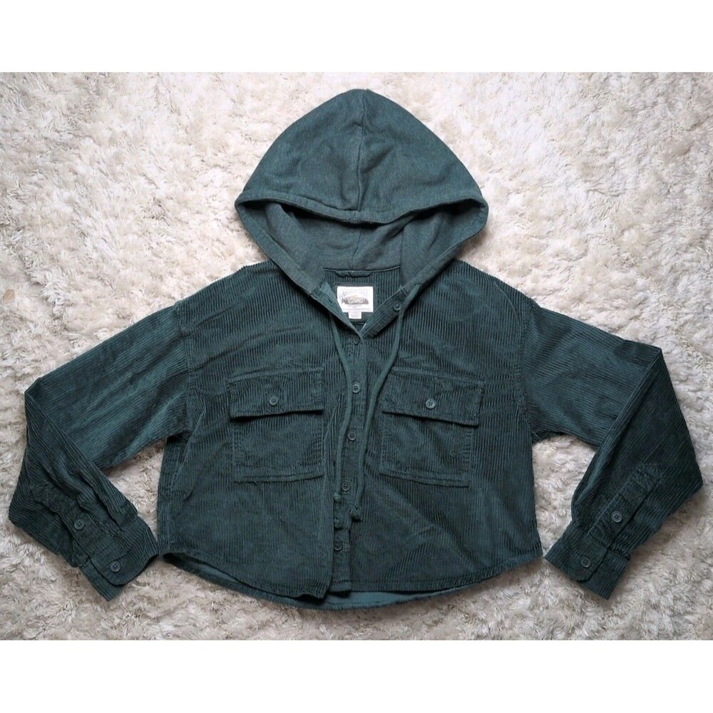 American Eagle Corduroy Button-Up Cropped Shirt Jacket Shacket Green Size S